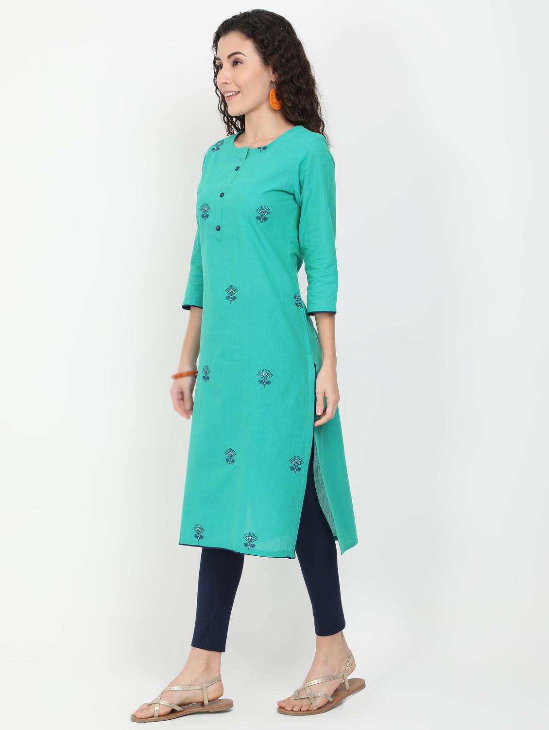 green cotton straight kurta - 17461792 - Zoom Image - 2