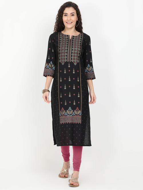 black rayon straight kurta - 17461796 - Standard Image - 1
