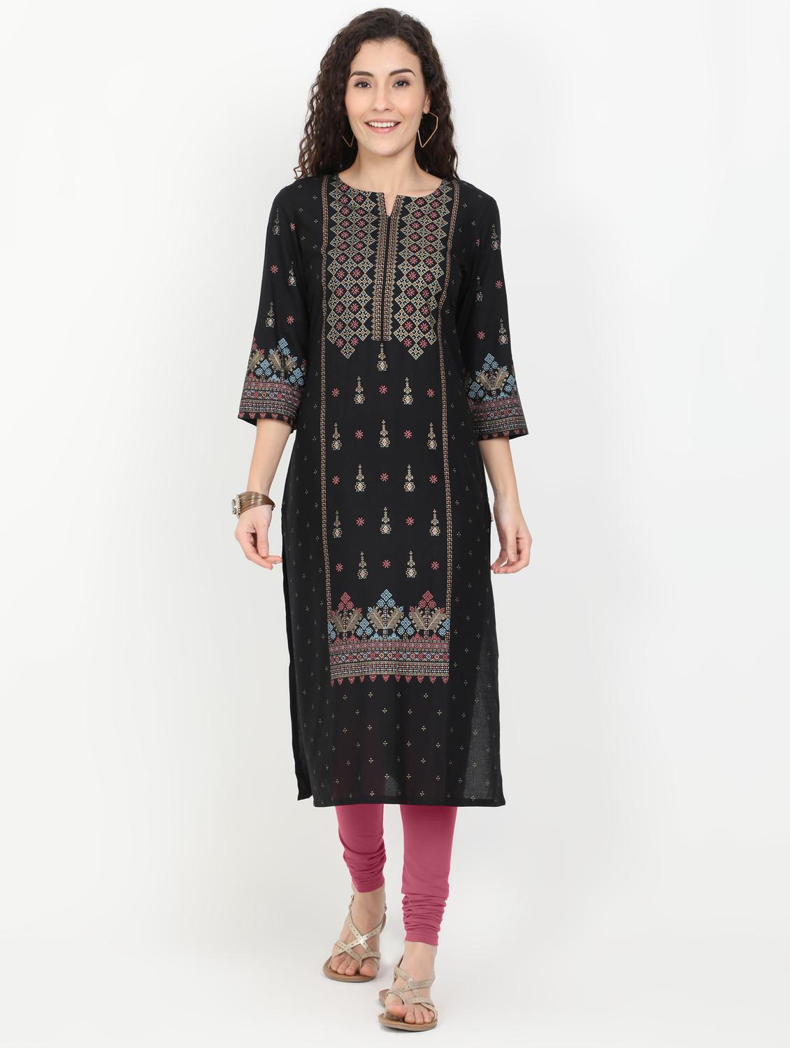 black rayon straight kurta - 17461796 - Zoom Image - 1