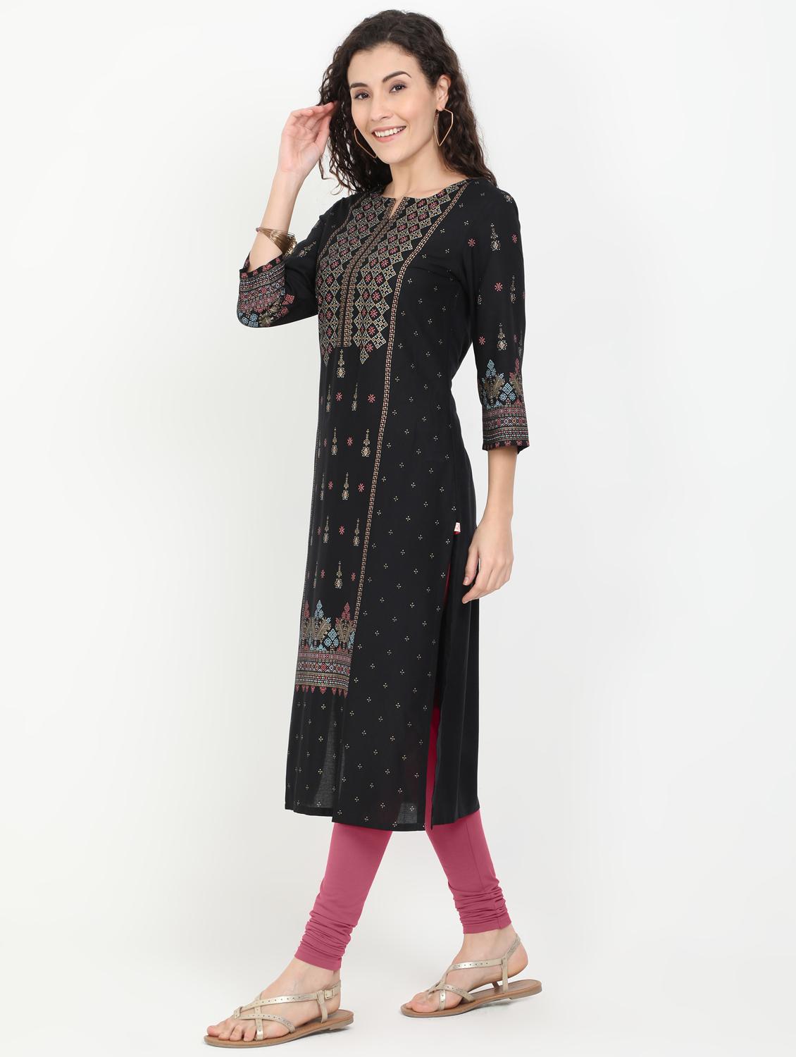black rayon straight kurta - 17461796 - Zoom Image - 2