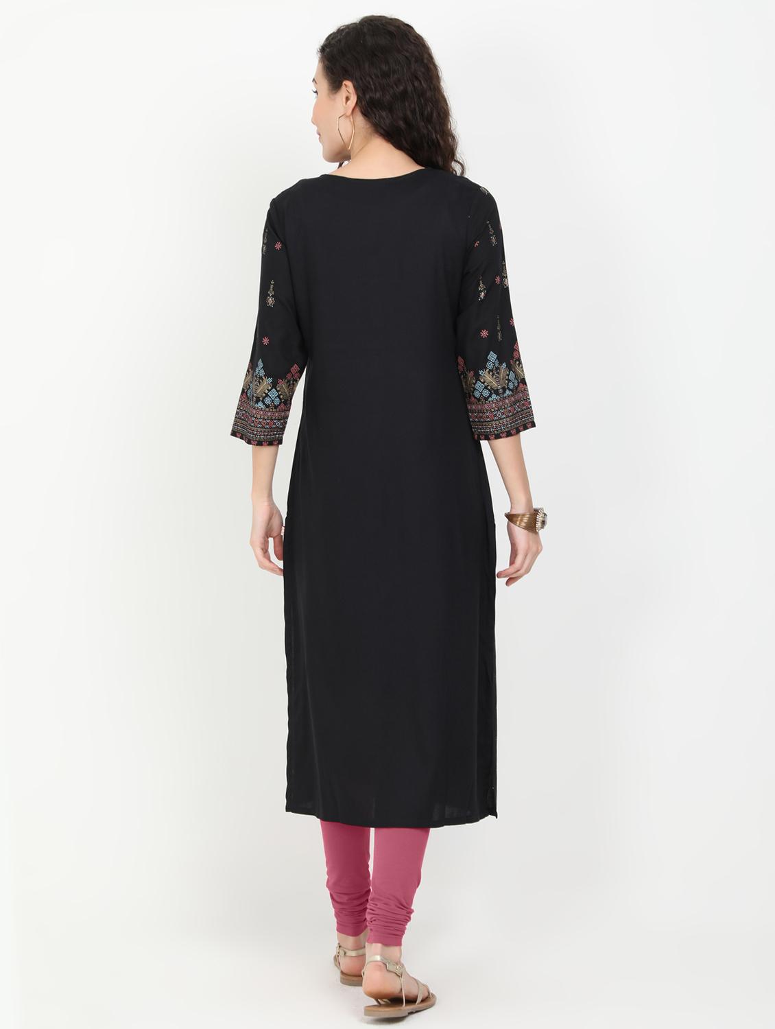 black rayon straight kurta - 17461796 - Zoom Image - 3