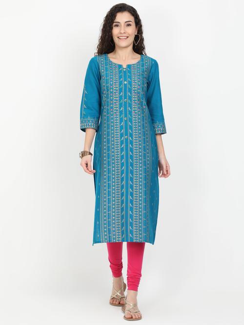 teal cotton straight kurta - 17461797 - Standard Image - 1