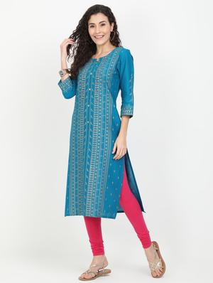 teal cotton straight kurta - 17461797 - Standard Image - 2