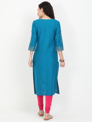 teal cotton straight kurta - 17461797 - Standard Image - 3