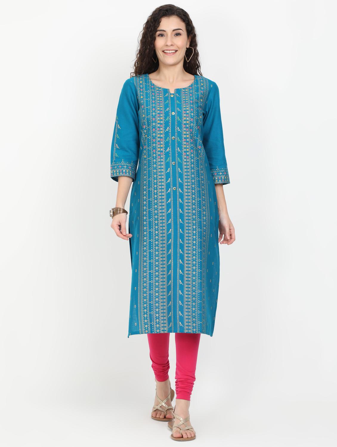 teal cotton straight kurta - 17461797 - Zoom Image - 1