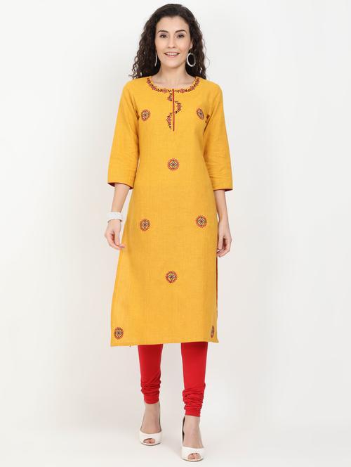 mustard cotton straight kurta - 17461798 - Standard Image - 1