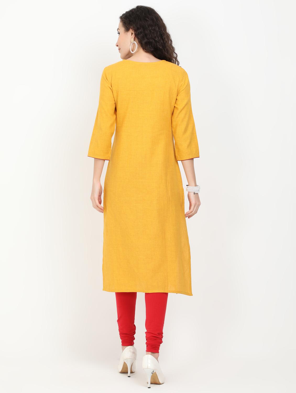 mustard cotton straight kurta - 17461798 - Zoom Image - 3