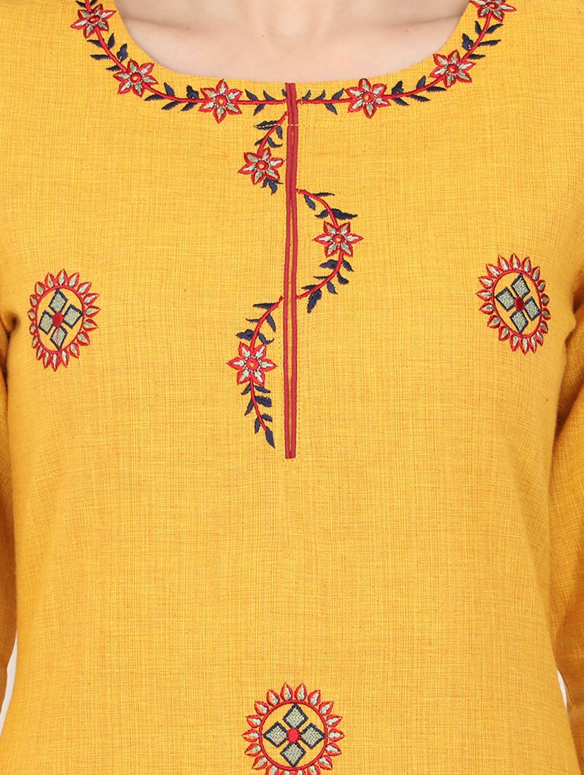 mustard cotton straight kurta - 17461798 - Zoom Image - 4