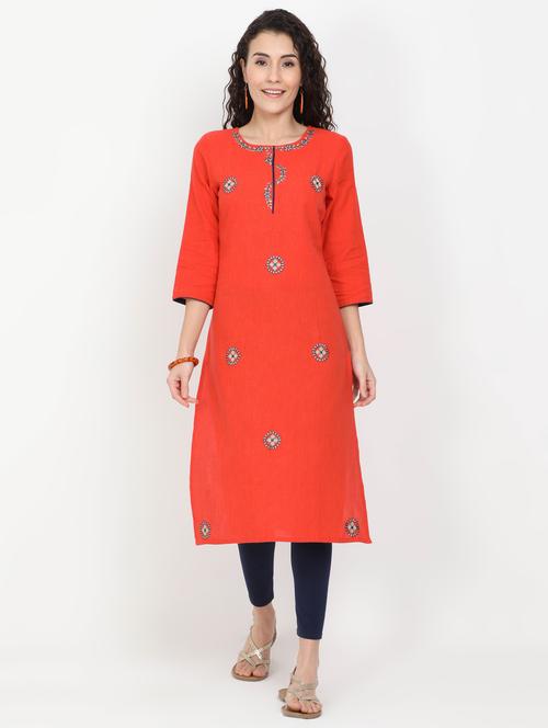 orange cotton straight kurta - 17461799 - Standard Image - 1