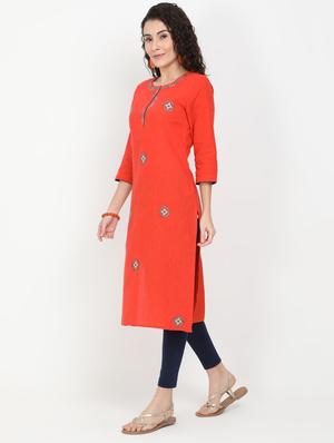 orange cotton straight kurta - 17461799 - Standard Image - 2