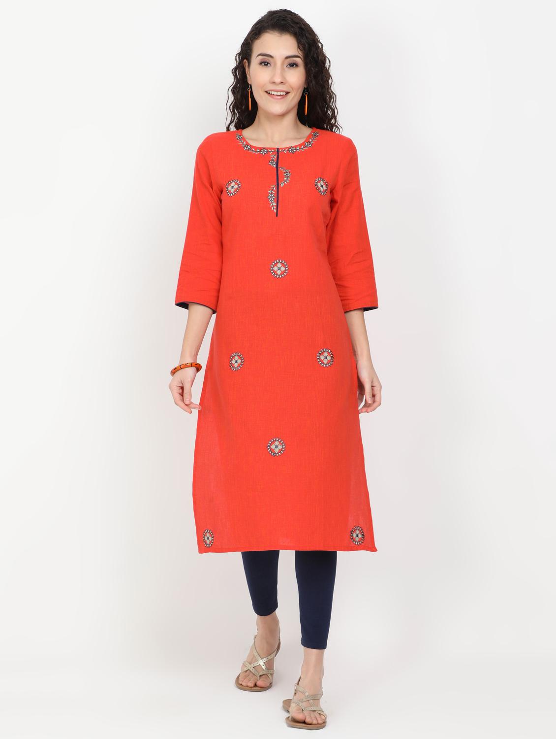 orange cotton straight kurta - 17461799 - Zoom Image - 1