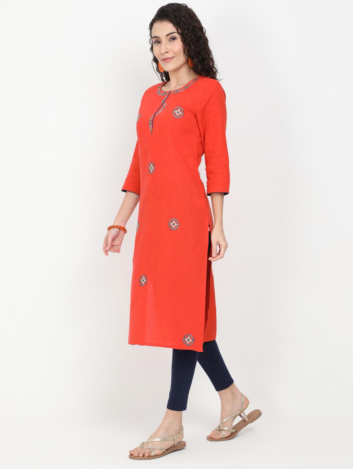 orange cotton straight kurta - 17461799 - Zoom Image - 2