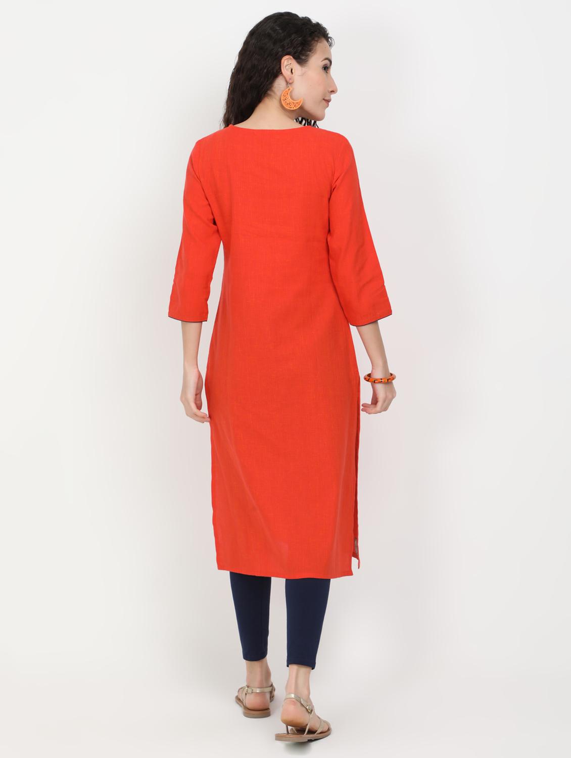 orange cotton straight kurta - 17461799 - Zoom Image - 3