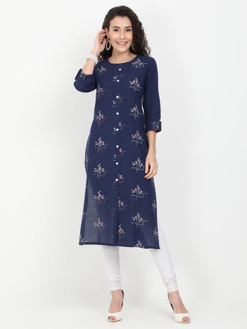 navy cotton straight kurta - 17461808 - Very Small Image - 1