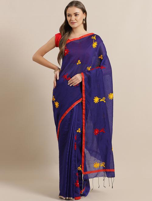 blue cotton blend handloom saree with blouse - 17461925 - Very Small Image - 1