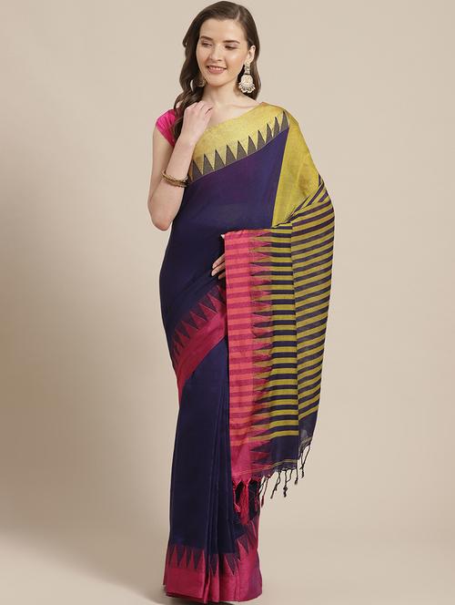 navy blue handloom saree with blouse - 17461962 - Standard Image - 1