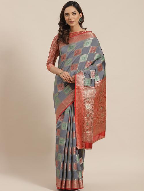 checkered banarasi saree with blouse - 17462480 - Standard Image - 1