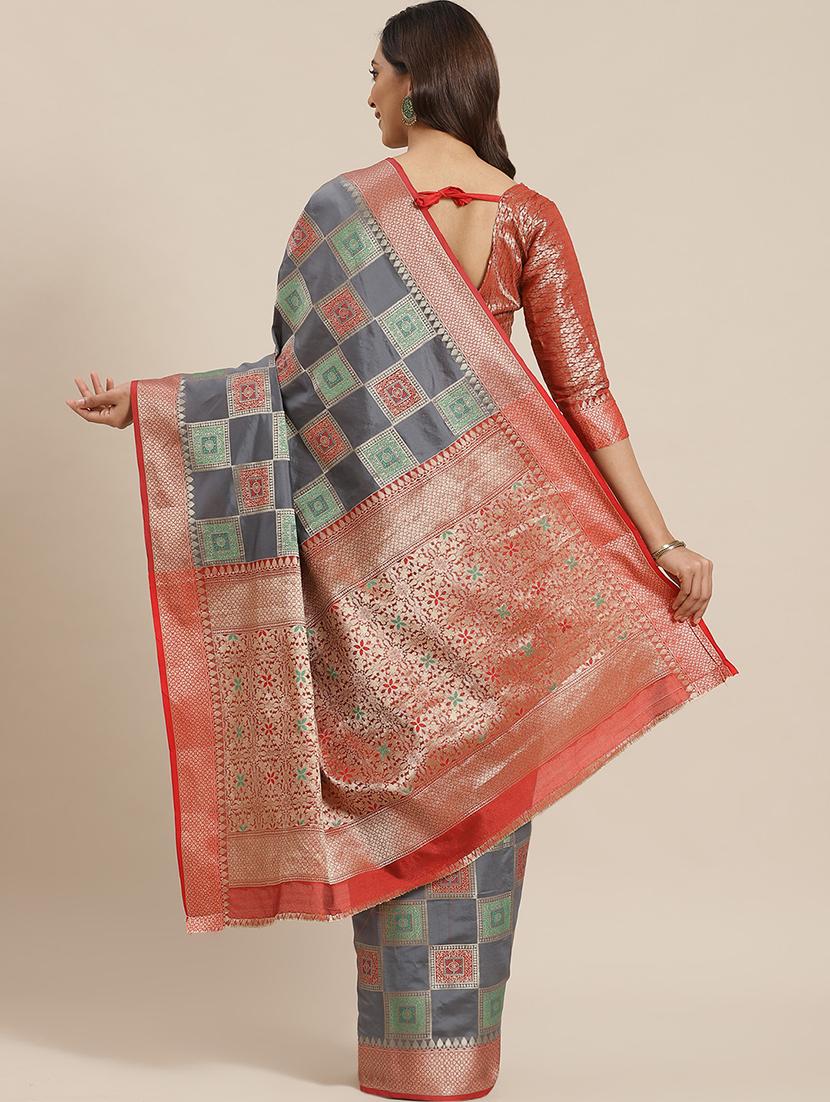 checkered banarasi saree with blouse - 17462480 - Zoom Image - 2