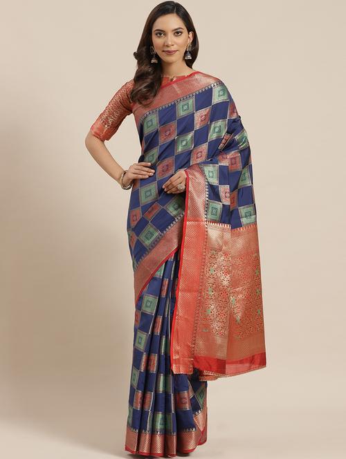 checkered banarasi saree with blouse - 17462482 - Standard Image - 1