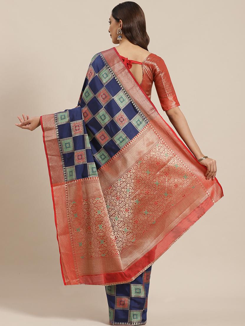 checkered banarasi saree with blouse - 17462482 - Zoom Image - 2