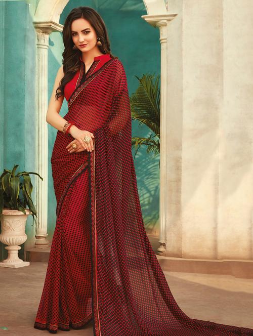 polka dots printed saree with blouse - 17462892 - Very Small Image - 1