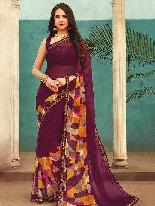 geometric printed saree with blouse - 17462907 - Very Small Image - 1