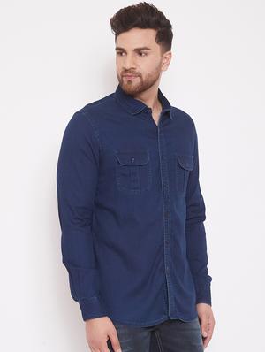 blue solid denim casual shirt - 17463463 - Standard Image - 2