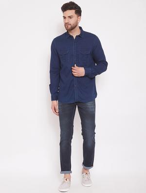 blue solid denim casual shirt - 17463463 - Standard Image - 4