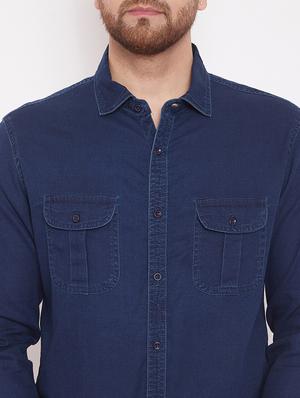 blue solid denim casual shirt - 17463463 - Standard Image - 5