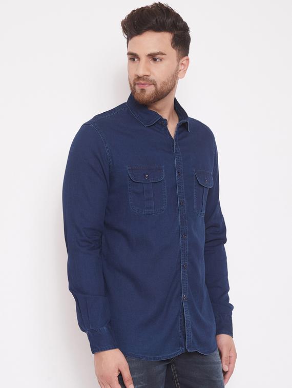blue solid denim casual shirt - 17463463 - Zoom Image - 2