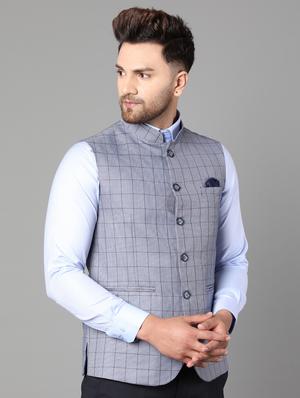 blue checkered nehru jacket - 17464960 - Standard Image - 2