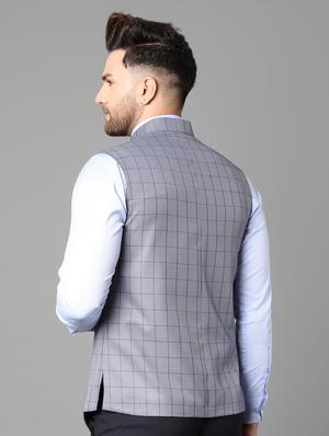 blue checkered nehru jacket - 17464960 - Standard Image - 3