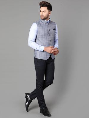 blue checkered nehru jacket - 17464960 - Standard Image - 4