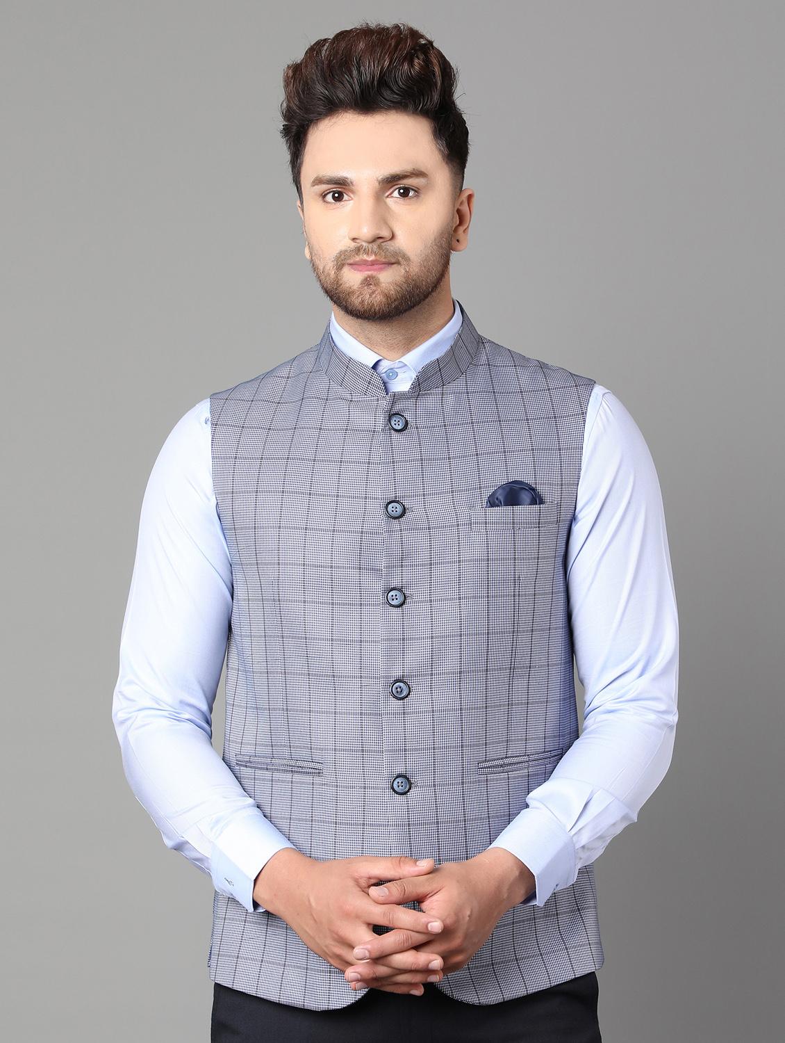 blue checkered nehru jacket - 17464960 - Zoom Image - 1