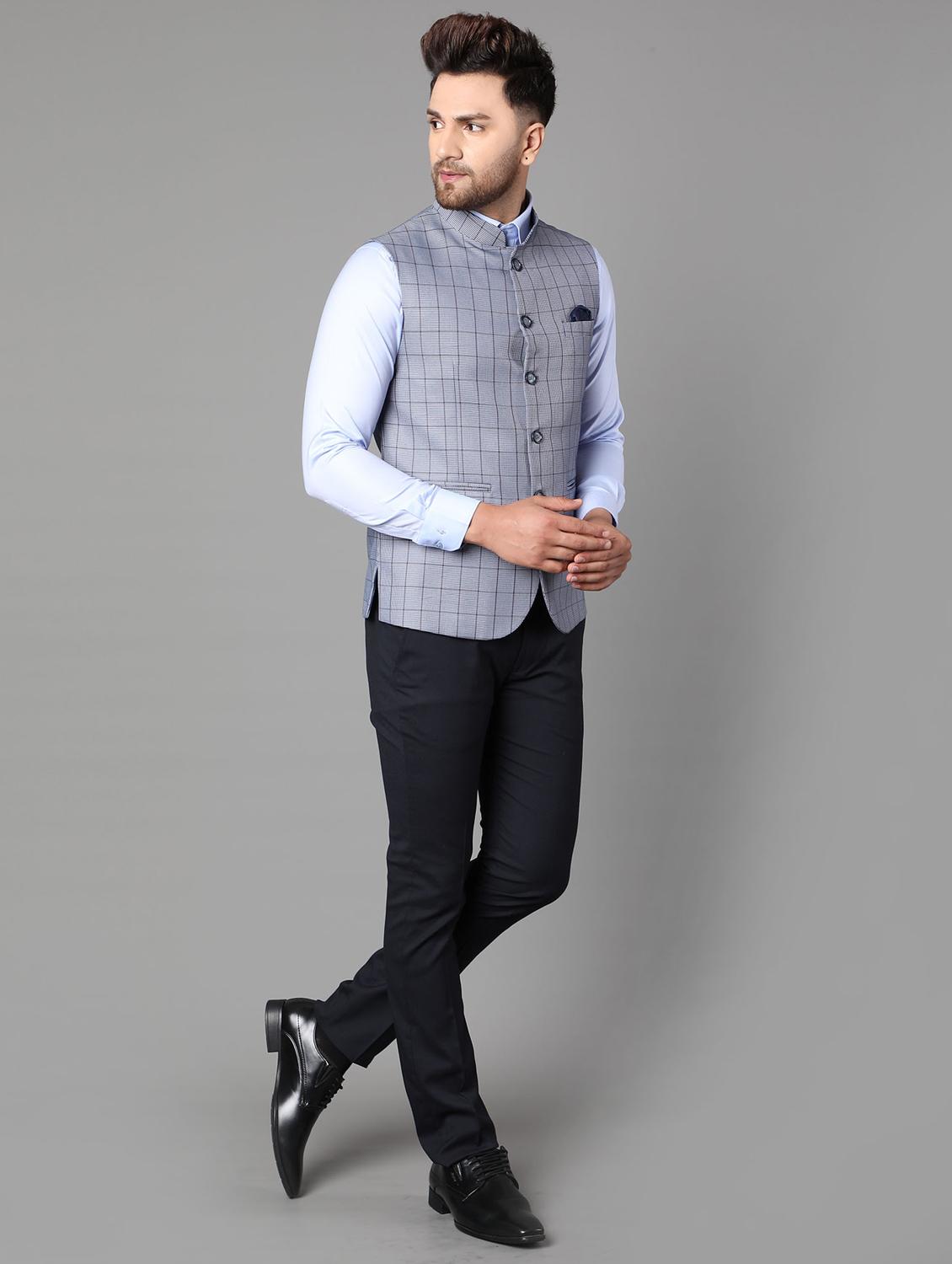 blue checkered nehru jacket - 17464960 - Zoom Image - 4