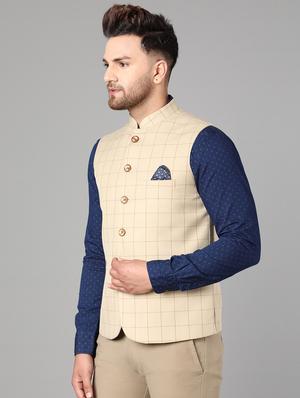 beige checkered nehru jacket - 17464967 - Standard Image - 2