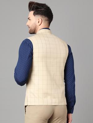 beige checkered nehru jacket - 17464967 - Standard Image - 3