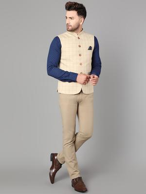 beige checkered nehru jacket - 17464967 - Standard Image - 4