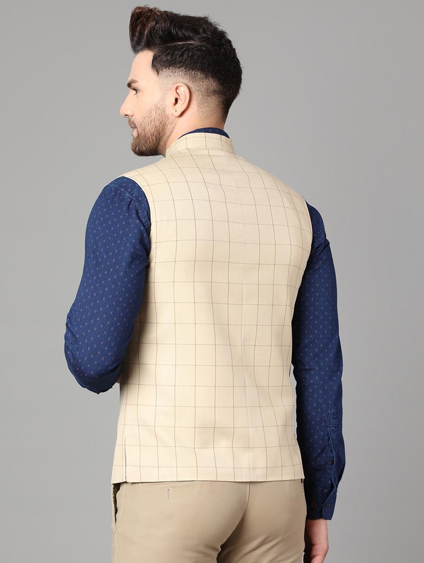 beige checkered nehru jacket - 17464967 - Zoom Image - 3