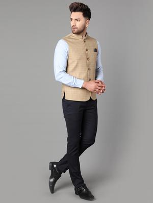 beige checkered nehru jacket - 17464968 - Standard Image - 4