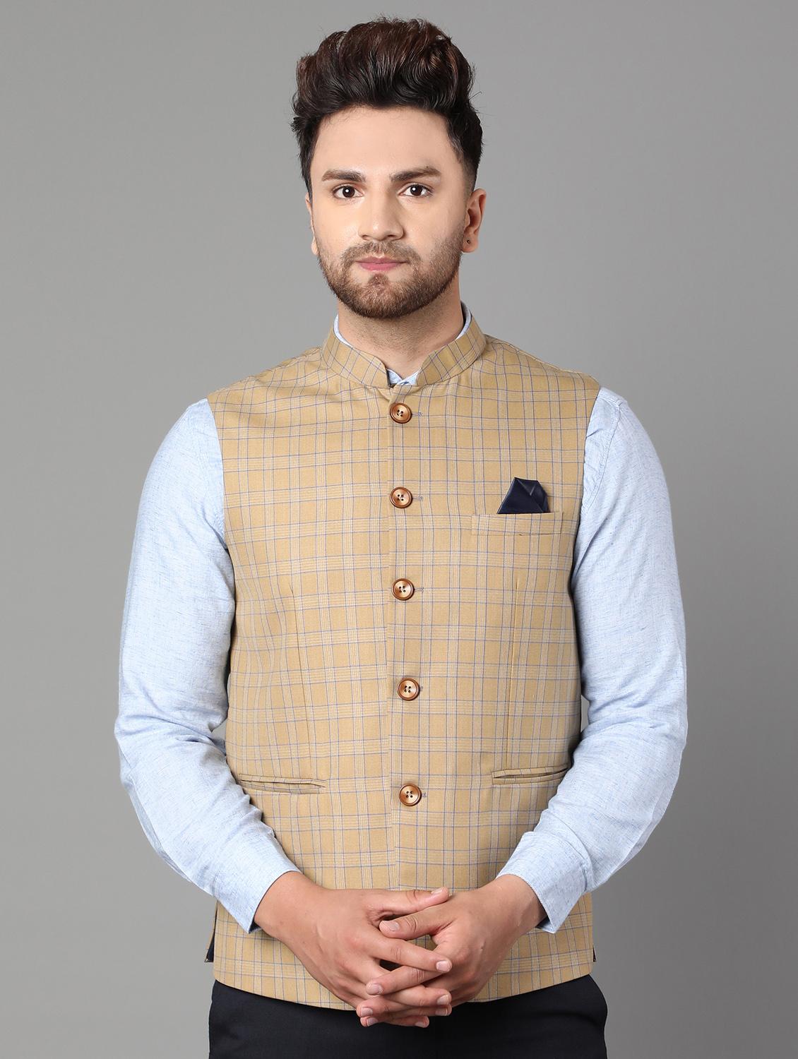 beige checkered nehru jacket - 17464968 - Zoom Image - 1