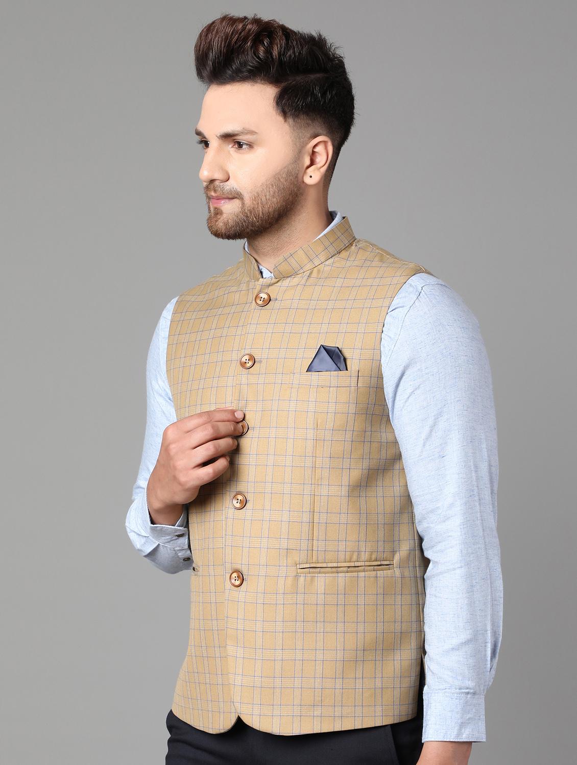 beige checkered nehru jacket - 17464968 - Zoom Image - 2