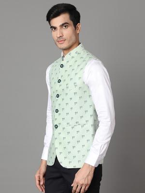 green printed linen nehru jacket - 17464970 - Standard Image - 2