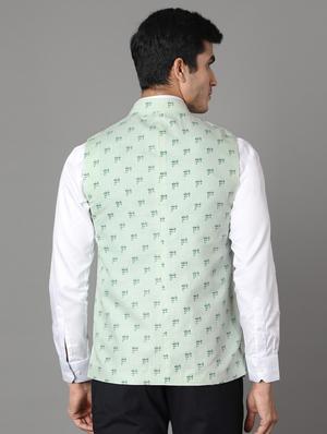 green printed linen nehru jacket - 17464970 - Standard Image - 3
