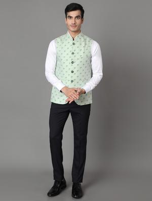 green printed linen nehru jacket - 17464970 - Standard Image - 4