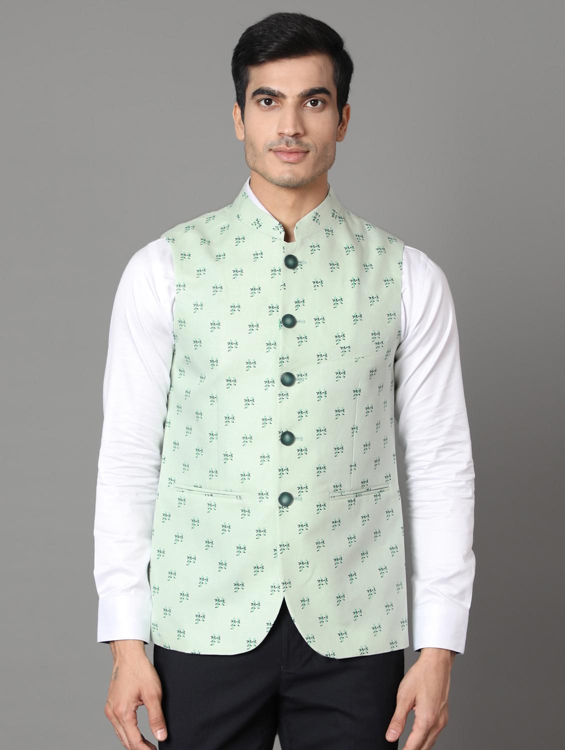 green printed linen nehru jacket - 17464970 - Zoom Image - 1