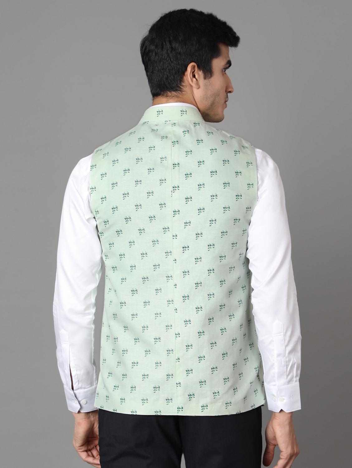 green printed linen nehru jacket - 17464970 - Zoom Image - 3