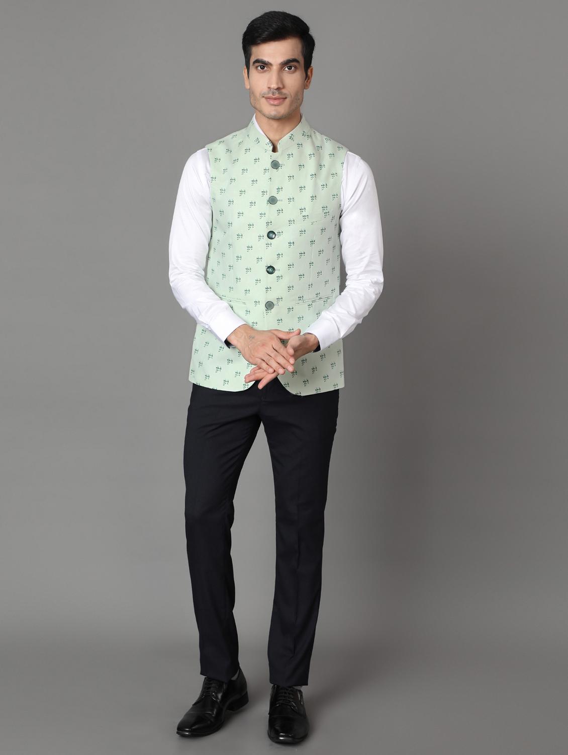 green printed linen nehru jacket - 17464970 - Zoom Image - 4