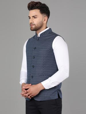 navy blue printed linen nehru jacket - 17464978 - Standard Image - 2
