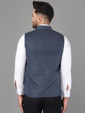 navy blue printed linen nehru jacket - 17464978 - Standard Image - 3